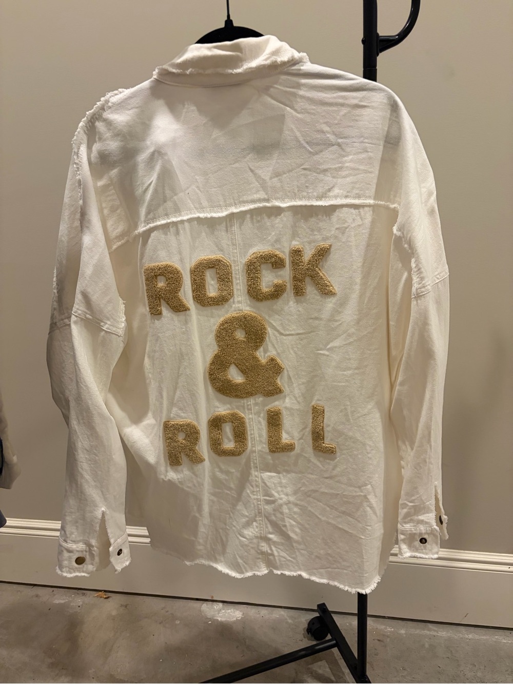 DAVI & DANI White Button-Down Shirt with Gold 'ROCK & ROLL' Chenille